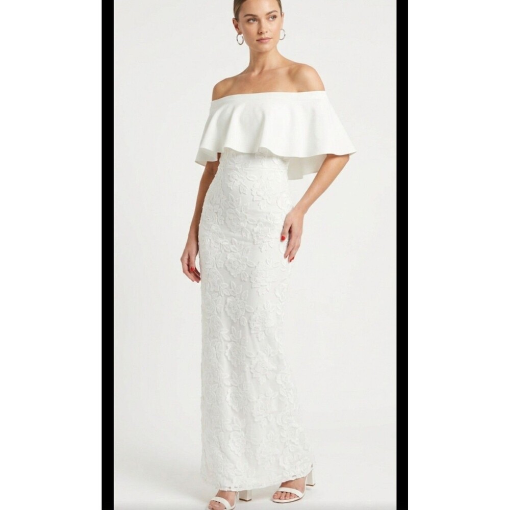 Black Halo White Lace off the shoulder maxi dress sz xs ruffle overlay 3D floral